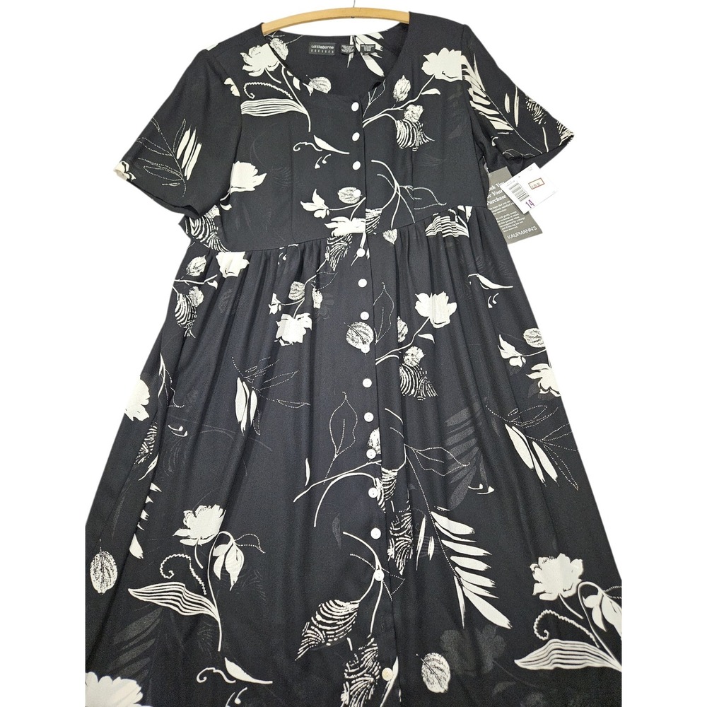 VTG Liz Claiborne 90s Floral Button Front Maxi Dress Black White Sz 14 NWT